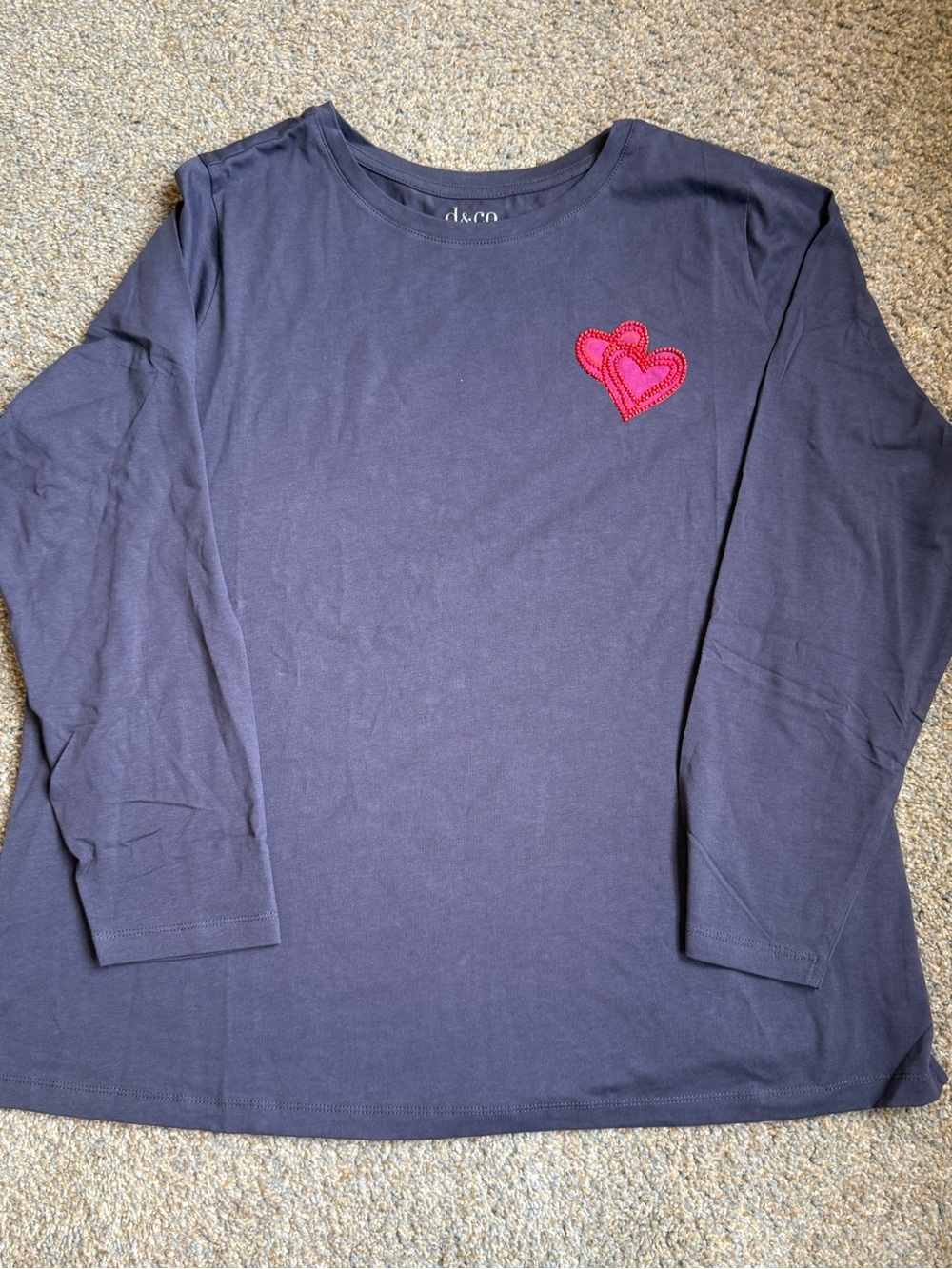 Women’s Navy Long-Sleeve Tee with beaded Pink Heart detail size 1x